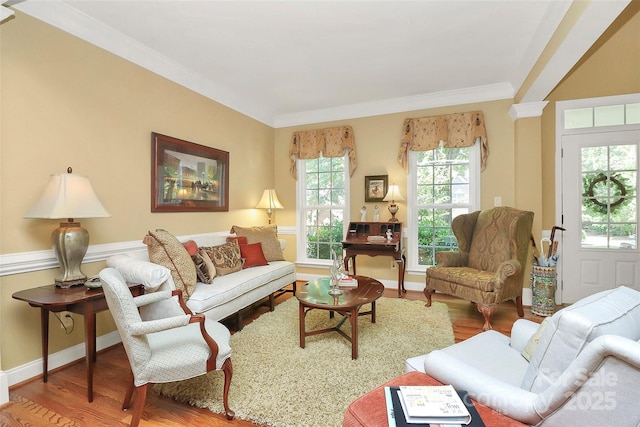 13824 Glen Abbey Dr, Charlotte, NC 28278 - living room featuring wood finished floors and crown molding