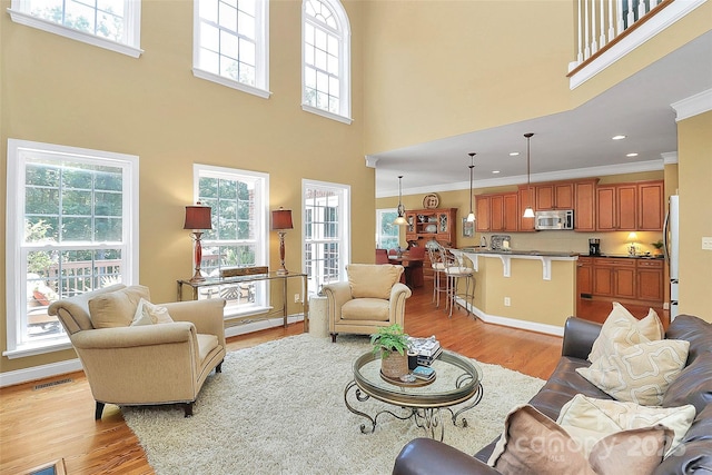 13824 Glen Abbey Dr, Charlotte, NC 28278 - living area with a towering ceiling, light wood-style floors, ornamental molding, and recessed lighting