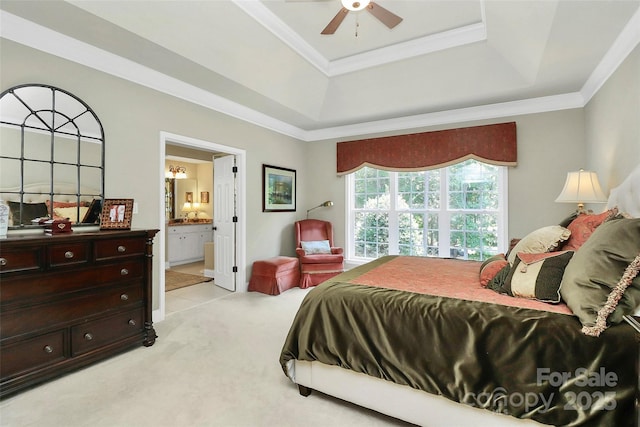 13824 Glen Abbey Dr, Charlotte, NC 28278 - bedroom with a raised ceiling, light colored carpet, ornamental molding, ensuite bathroom, and ceiling fan