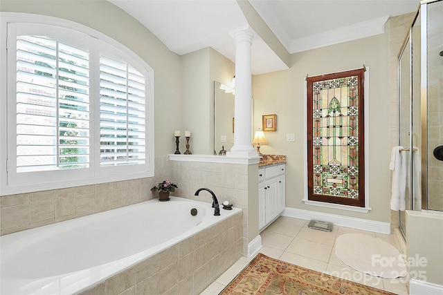 13824 Glen Abbey Dr, Charlotte, NC 28278 - bathroom featuring decorative columns, vanity, a garden tub, tile patterned flooring, and ornamental molding
