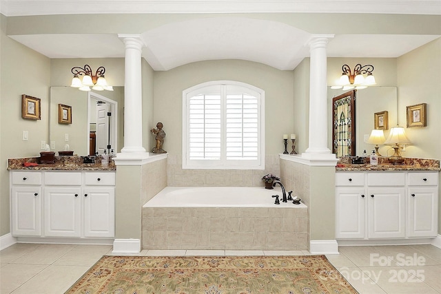 13824 Glen Abbey Dr, Charlotte, NC 28278 - bathroom with decorative columns, tile patterned floors, and a bath