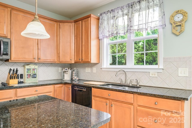 7737 Pleasant Valley Dr, Harrisburg, NC 28075 - kitchen with dishwasher, stainless steel microwave, dark stone countertops, pendant lighting, and backsplash