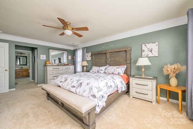 7737 Pleasant Valley Dr, Harrisburg, NC 28075 - carpeted bedroom featuring ornamental molding, connected bathroom, and a ceiling fan