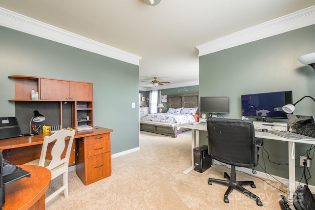 7737 Pleasant Valley Dr, Harrisburg, NC 28075 - home office featuring ornamental molding, light carpet, and ceiling fan