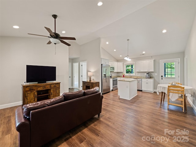101 Meadowbrook Dr, Franklin, NC 28734 - living room featuring lofted ceiling, ceiling fan, recessed lighting, and dark wood finished floors