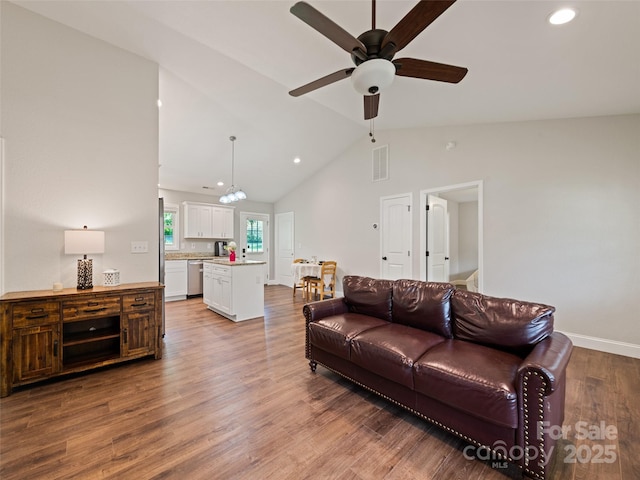 101 Meadowbrook Dr, Franklin, NC 28734 - living room featuring a ceiling fan, vaulted ceiling, wood finished floors, and recessed lighting