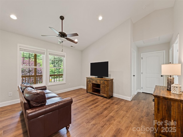 101 Meadowbrook Dr, Franklin, NC 28734 - living area featuring vaulted ceiling, wood finished floors, ceiling fan, and recessed lighting