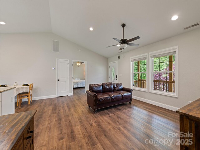 101 Meadowbrook Dr, Franklin, NC 28734 - living room with ceiling fan, lofted ceiling, dark wood-style floors, recessed lighting, and a desk