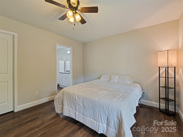 101 Meadowbrook Dr, Franklin, NC 28734 - bedroom featuring dark wood-style flooring, ensuite bath, and a ceiling fan
