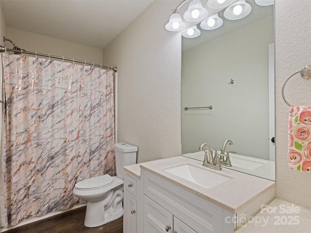 101 Meadowbrook Dr, Franklin, NC 28734 - bathroom featuring wood finished floors, vanity, a shower with shower curtain, and a textured wall