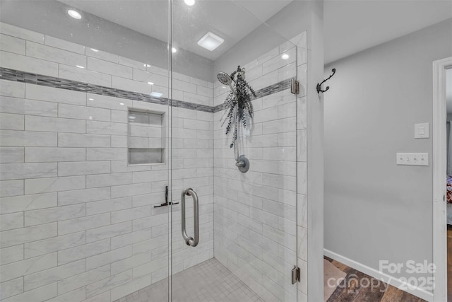 5158 Jenkins Rd, Morganton, NC 28655 - bathroom featuring a shower stall, wood finished floors, and recessed lighting