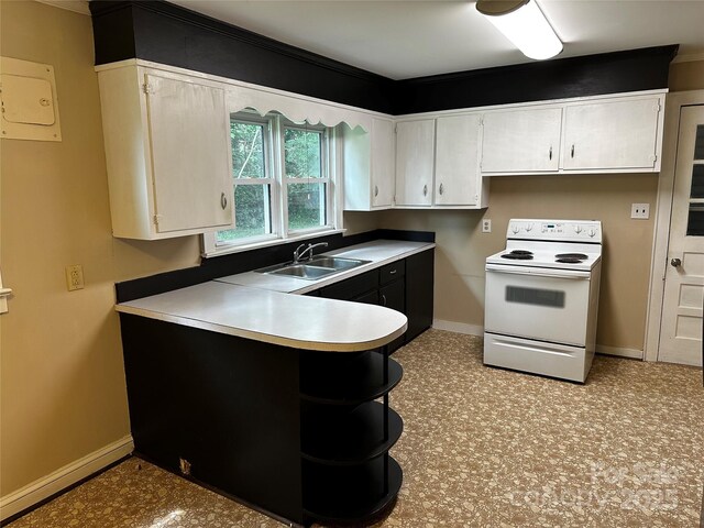 1116 Lenoir Ave SW, Lenoir, NC 28645 - kitchen with electric range, a peninsula, white cabinets, and light countertops