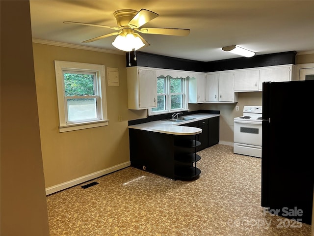 1116 Lenoir Ave SW, Lenoir, NC 28645 - kitchen featuring white electric range oven, freestanding refrigerator, white cabinetry, plenty of natural light, and crown molding