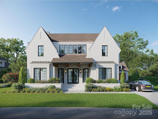 914 Edinburgh Ln, Charlotte, NC 28209 - modern farmhouse with a standing seam roof, french doors, a front lawn, a metal roof, and a shingled roof