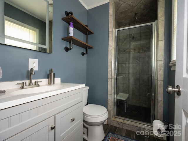 69 Katydid Dr, Marion, NC 28752 - bathroom featuring a shower stall, vanity, and wood finished floors