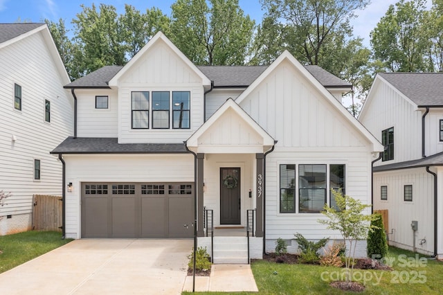 3937 Plainview Rd, Charlotte, NC 28208 - modern inspired farmhouse with board and batten siding, concrete driveway, a garage, and a shingled roof