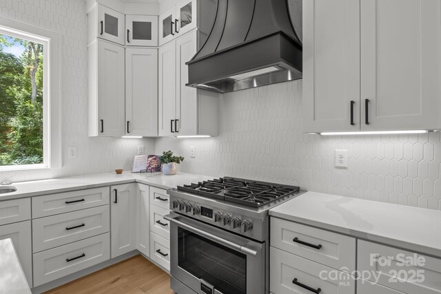 3937 Plainview Rd, Charlotte, NC 28208 - kitchen featuring high end stainless steel range, premium range hood, plenty of natural light, and white cabinetry