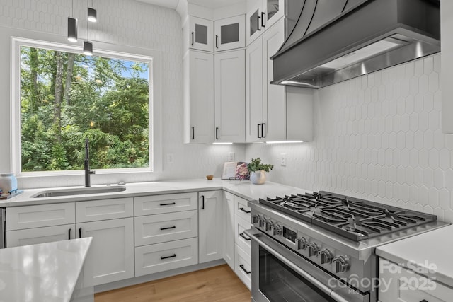 3937 Plainview Rd, Charlotte, NC 28208 - kitchen featuring high end range, healthy amount of natural light, custom exhaust hood, and light countertops