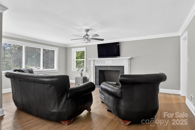 3127 N Center St, Hickory, NC 28601 - living room featuring a ceiling fan, a fireplace, ornamental molding, and wood finished floors