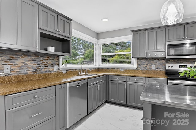 3127 N Center St, Hickory, NC 28601 - kitchen featuring appliances with stainless steel finishes, gray cabinetry, light marble finish floors, open shelves, and decorative backsplash