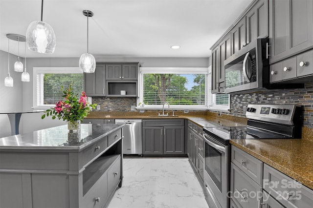 3127 N Center St, Hickory, NC 28601 - kitchen with stainless steel appliances, gray cabinets, plenty of natural light, open shelves, and recessed lighting