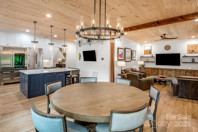 1416 E Clubhouse Rd Unit 73, Sylva, NC 28779 - dining area with a wooden ceiling with exposed beams, light wood finished floors, ceiling fan, a chandelier, and recessed lighting