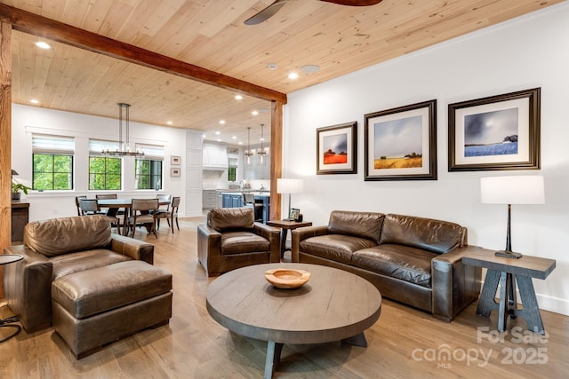 1416 E Clubhouse Rd Unit 73, Sylva, NC 28779 - living room with a wood ceiling with exposed beams, a chandelier, light wood-style flooring, recessed lighting, and ceiling fan