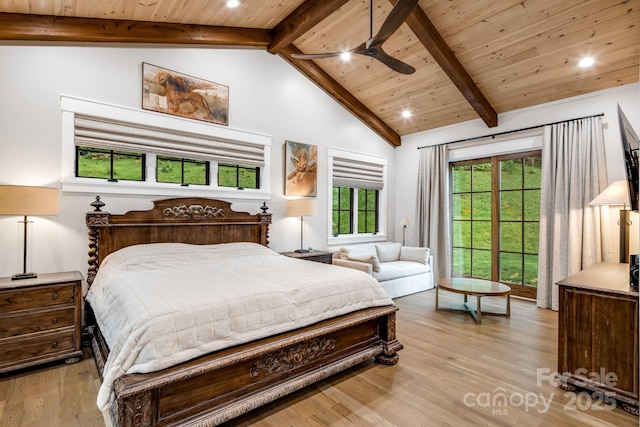 1416 E Clubhouse Rd Unit 73, Sylva, NC 28779 - bedroom featuring a wood ceiling with exposed beams, light wood-type flooring, recessed lighting, high vaulted ceiling, and a ceiling fan