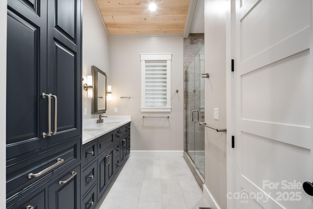 1416 E Clubhouse Rd Unit 73, Sylva, NC 28779 - bathroom featuring wooden ceiling, double vanity, tile patterned flooring, and a stall shower