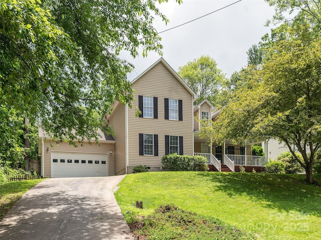 30 Collenwood Rd, Arden, NC 28704 - view of front facade with concrete driveway, a porch, a front yard, a garage, and crawl space