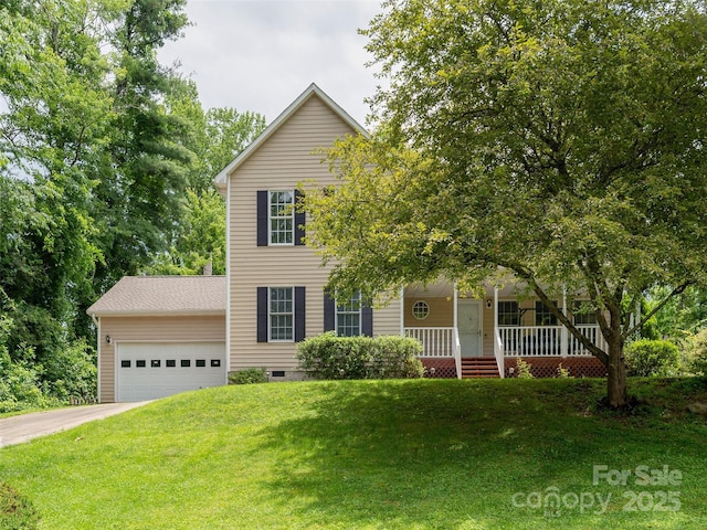 30 Collenwood Rd, Arden, NC 28704 - view of front facade with covered porch, an attached garage, a front lawn, concrete driveway, and crawl space