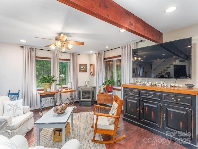 1411 Kitchens Branch Rd, Sylva, NC 28779 - living area with ceiling fan, dark wood-style flooring, a wood stove, recessed lighting, and stairs