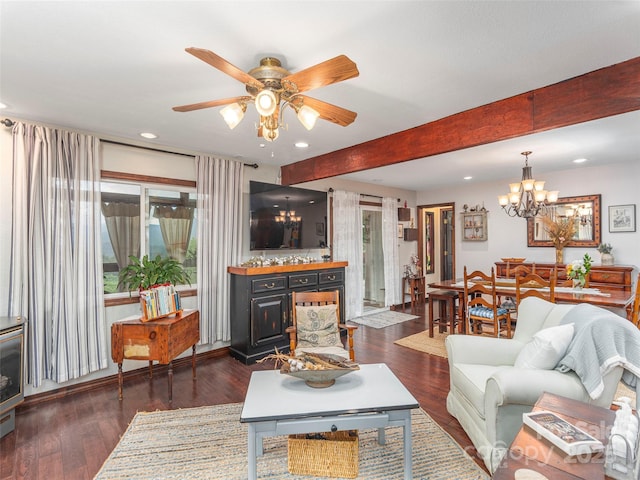 1411 Kitchens Branch Rd, Sylva, NC 28779 - living area with a chandelier, recessed lighting, dark wood-type flooring, ceiling fan, and beam ceiling