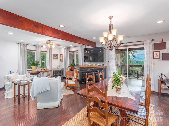 1411 Kitchens Branch Rd, Sylva, NC 28779 - dining space featuring a chandelier, dark wood-style flooring, recessed lighting, beam ceiling, and a ceiling fan