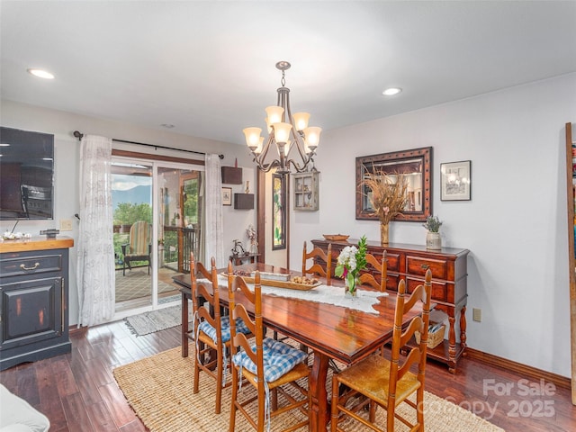 1411 Kitchens Branch Rd, Sylva, NC 28779 - dining area featuring a chandelier, dark wood-style flooring, and recessed lighting