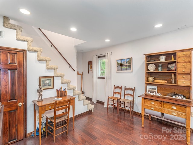 1411 Kitchens Branch Rd, Sylva, NC 28779 - sitting room featuring stairway, dark wood-type flooring, and recessed lighting