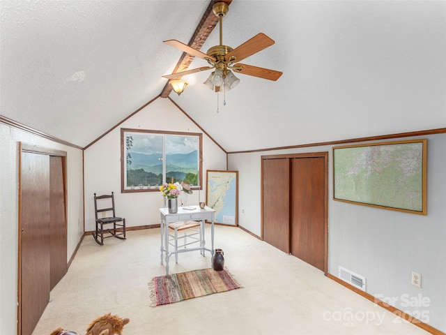 1411 Kitchens Branch Rd, Sylva, NC 28779 - sitting room with ceiling fan, light carpet, lofted ceiling, and a textured ceiling