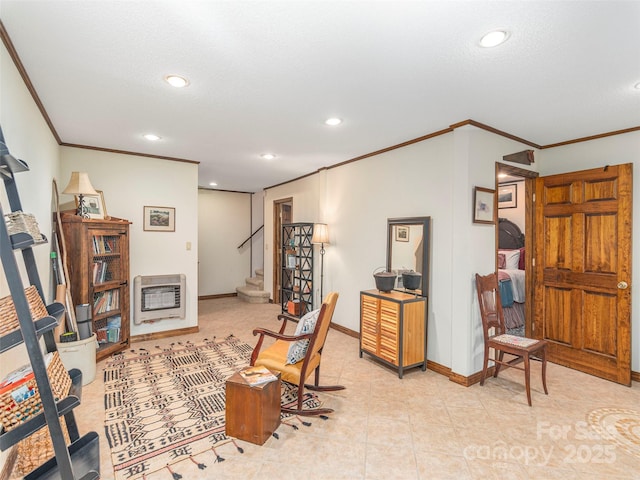 1411 Kitchens Branch Rd, Sylva, NC 28779 - living area featuring heating unit, crown molding, recessed lighting, and stairway