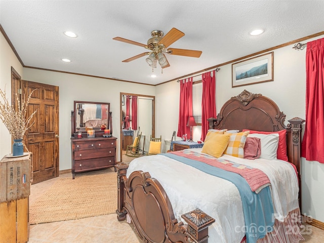 1411 Kitchens Branch Rd, Sylva, NC 28779 - bedroom with crown molding, recessed lighting, a textured ceiling, ceiling fan, and light tile patterned floors