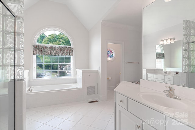 10405 Lady Grace Ln, Charlotte, NC 28270 - full bath with a garden tub, vanity, tile patterned flooring, and lofted ceiling