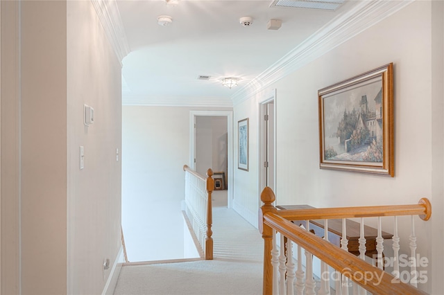 10405 Lady Grace Ln, Charlotte, NC 28270 - corridor with an upstairs landing, carpet floors, and ornamental molding
