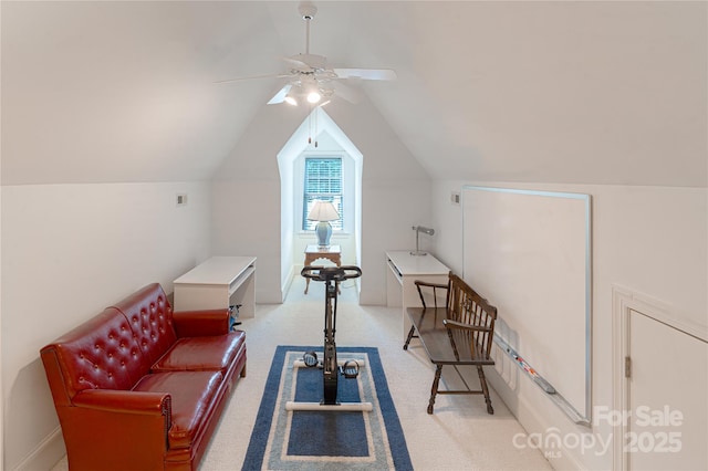 10405 Lady Grace Ln, Charlotte, NC 28270 - living area with a ceiling fan, vaulted ceiling, and light carpet