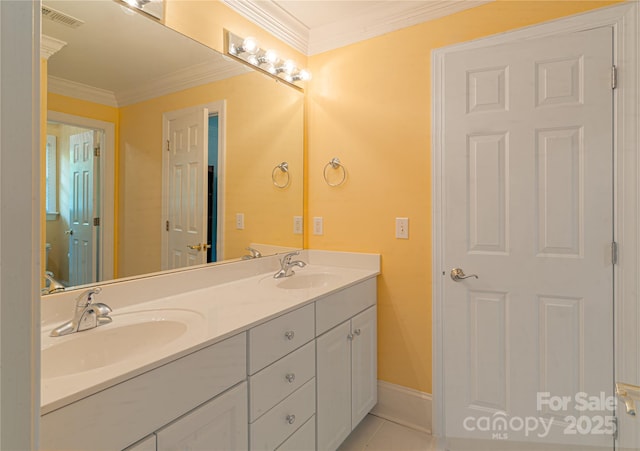 10405 Lady Grace Ln, Charlotte, NC 28270 - bathroom featuring double vanity, ornamental molding, and tile patterned floors