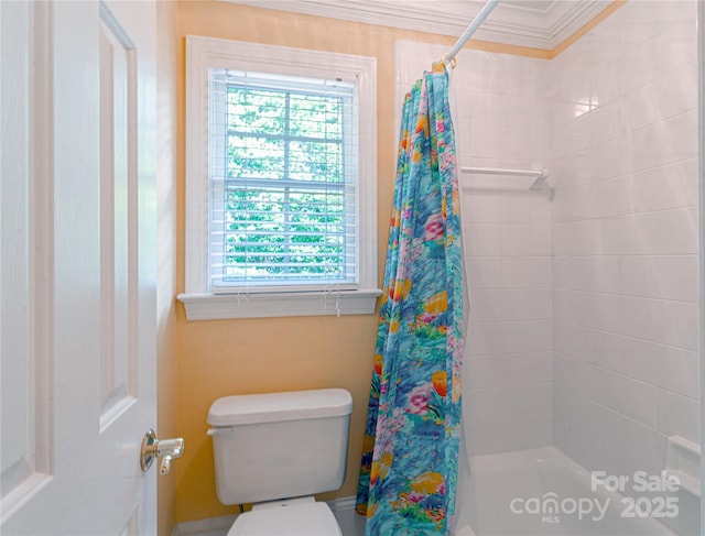 10405 Lady Grace Ln, Charlotte, NC 28270 - bathroom with healthy amount of natural light, crown molding, and shower / bath combo with shower curtain