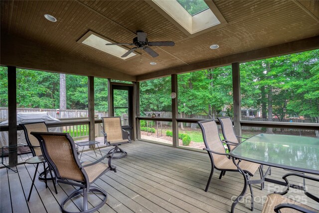 10405 Lady Grace Ln, Charlotte, NC 28270 - deck featuring outdoor dining space, a ceiling fan, and a fenced backyard