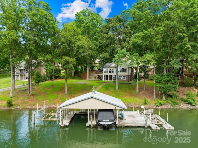 698 Normandy Rd, Mooresville, NC 28117 - dock with boat lift, a water view, and a yard