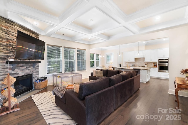 101 Cross Current Ln, Belmont, NC 28012 - living area featuring dark wood-type flooring, beamed ceiling, a fireplace, and coffered ceiling