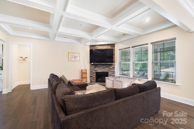 101 Cross Current Ln, Belmont, NC 28012 - living room with a stone fireplace, dark wood-type flooring, beam ceiling, and coffered ceiling