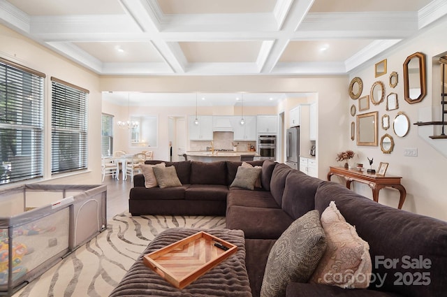 101 Cross Current Ln, Belmont, NC 28012 - living area featuring coffered ceiling, a chandelier, beamed ceiling, recessed lighting, and ornamental molding