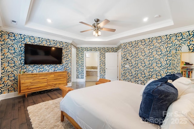 101 Cross Current Ln, Belmont, NC 28012 - bedroom featuring wallpapered walls, crown molding, hardwood / wood-style flooring, ceiling fan, and ensuite bathroom